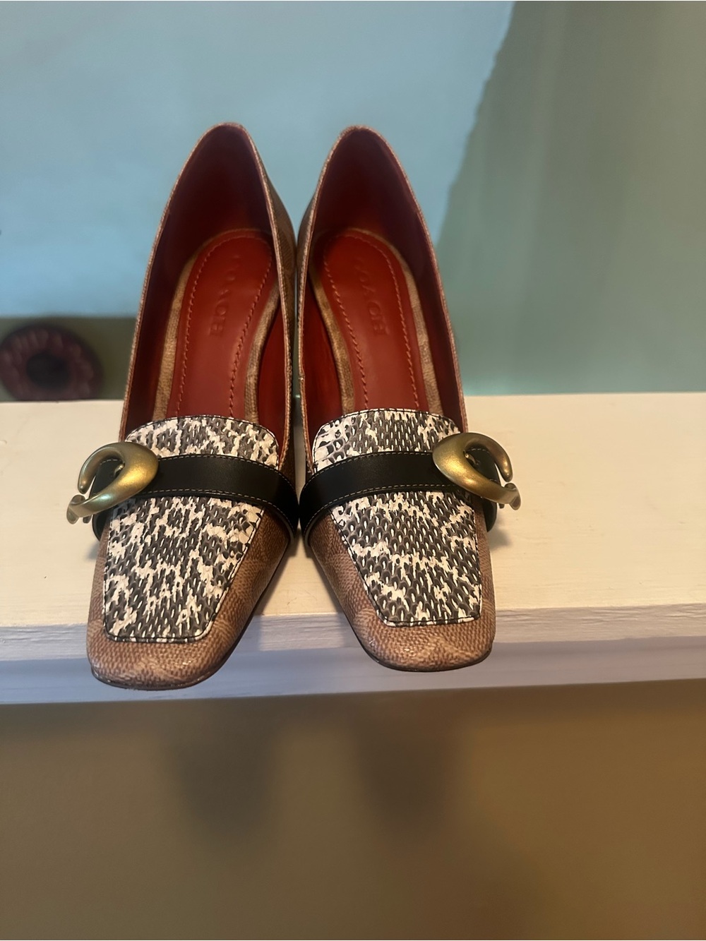Coach Brown and Black Patterned Heels with Brass Accent- dust bag included